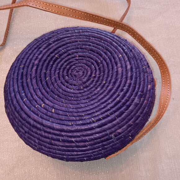 Round Woven Blue Straw rattan wicker Crossbody Purse bag handmade boho hippie - Picture 3 of 7